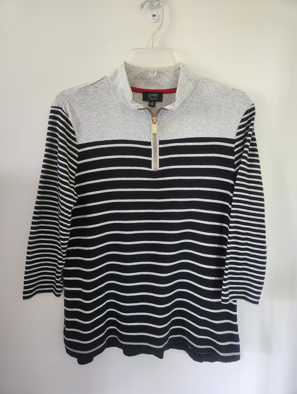 Jones New York Black and Gray Striped Quarter-Zip Pullover